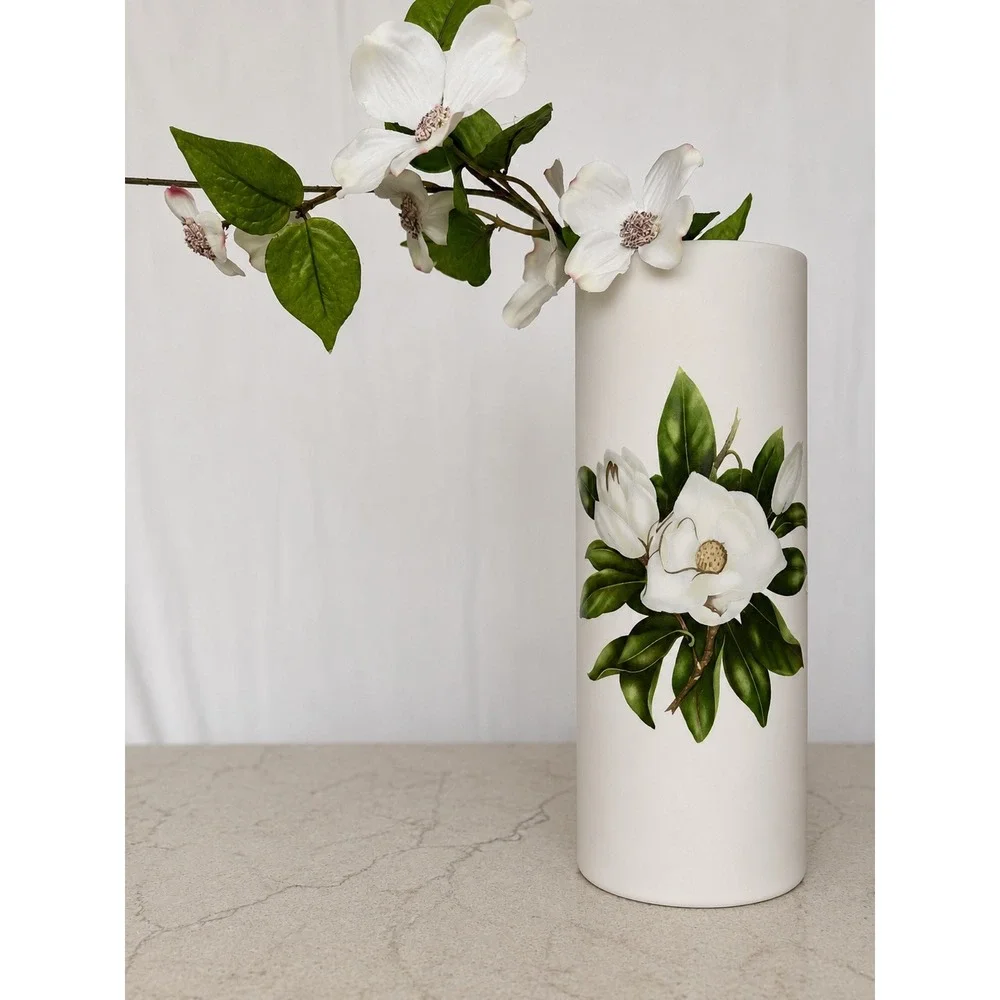 White Ceramic Magnolia Floral Cylinder Vase Tall Botanical Decorative Vessel